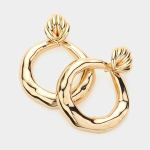 Gold Abstract Irregular Circle Hoop Dangle Metal Earrings 3" Bold Chunky